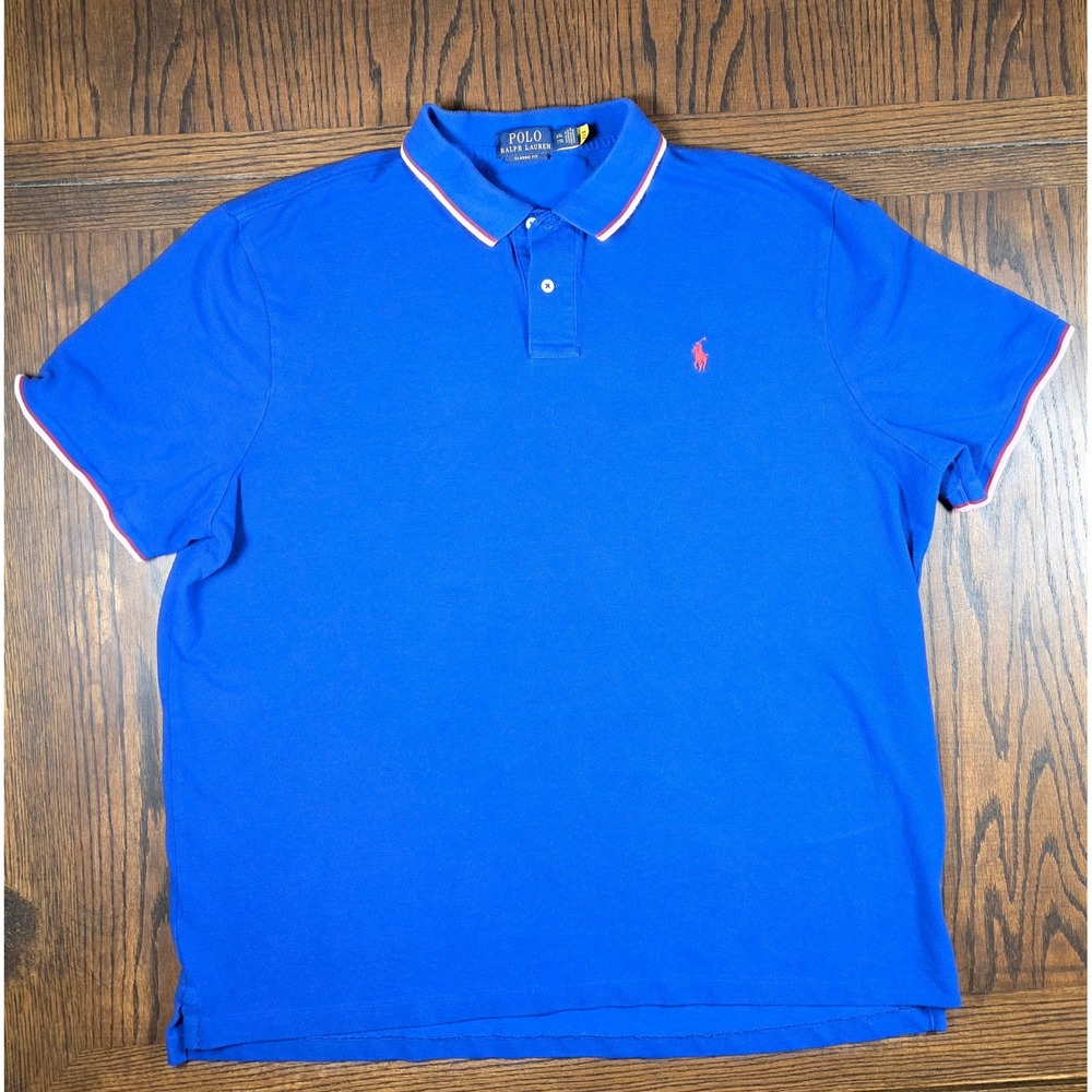 Polo Ralph Lauren Mens XXL Blue Red White Tipped Mesh Polo Shirt Classic Fit